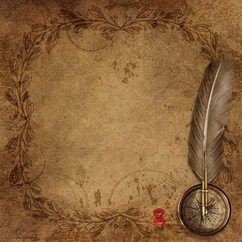 Vintage Paper Background With Afloral Frame And Feather Pen Compas