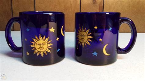Vintage Celestial Sun Moon Star Libbey Cobalt Blue Glass Mug