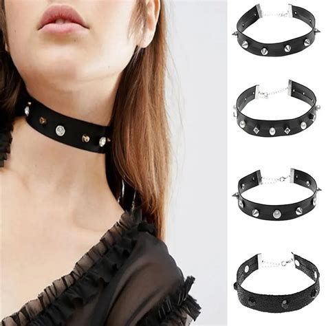 Punk Harajuku Black Pu Leather Rivet Choker Necklace For Women Girls