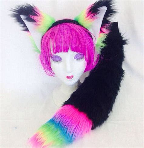 Pawstar Rainbow Fur Fox Ears And Mini Tail Set Headband Etsy Neon