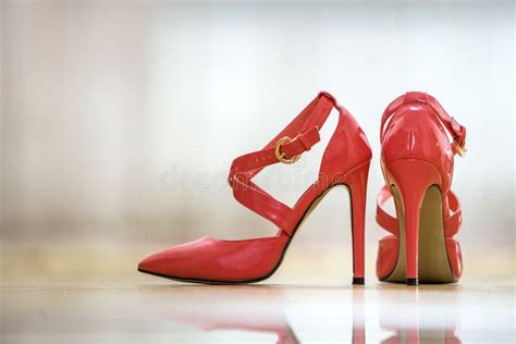 Pair Of Fashionable High Heel Leather Red Cut Out Female Shoes With