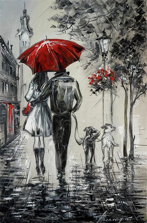 Black And White Couple Under Red Umbrella Painting Rainy Day Hand