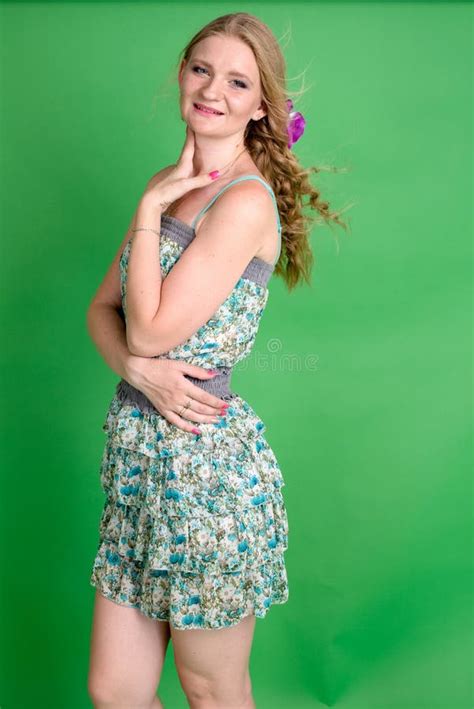 Beautiful Romantic Girl Blonde In Summer Dress With Orchid Flower Stock Image Image Of