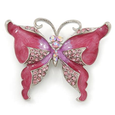 Avalaya Pink Enamel Crystal Butterfly Brooch In Rhodium Plating 50mm
