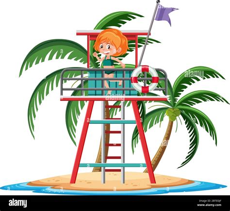 fille debout sur la station de la garde de la vie sur l île tropicale personnage de dessin animé