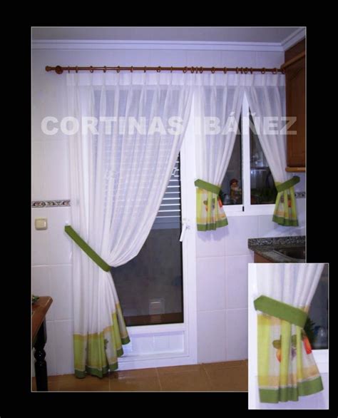 Cortinas de cocina cortas de tela colores modernos diseño. Cortinas en visillo de cocina con cenefa por el bajo ...