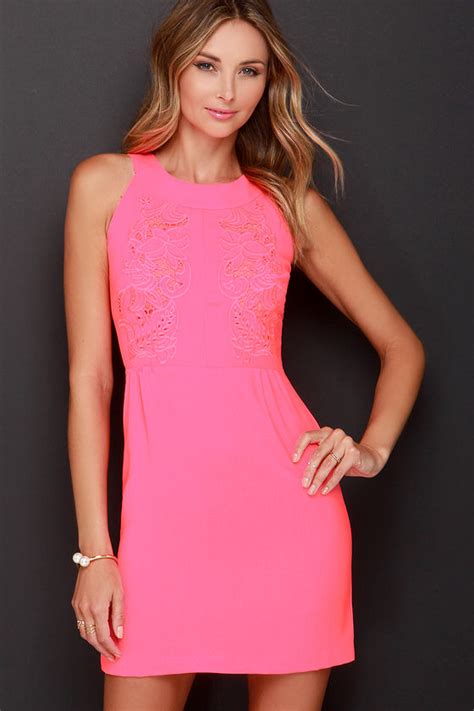 Cute Neon Pink Dress Embroidered Dress Sheath Dress