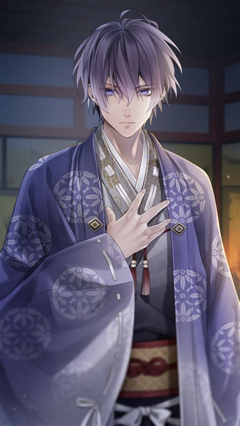 An Anime Character With Purple Hair Wearing A Kimono And Holding His