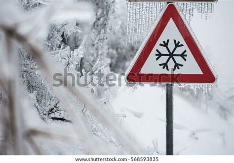 Traffic Sign Icy Road Sleet Covered Stock Photo Edit Now 568593835
