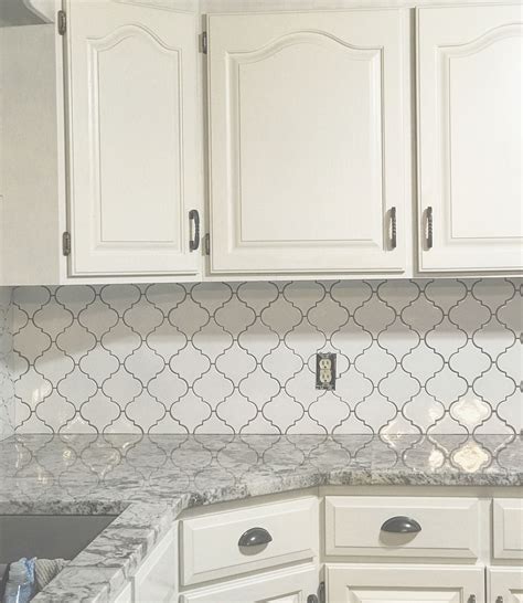 White Kitchen Cabinets White Arabesque Tile Backsplash Gray Nuevo