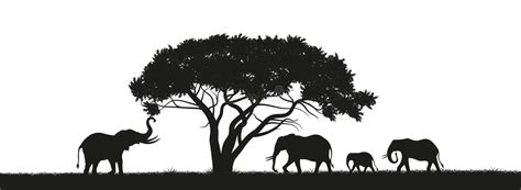 Black Silhouette of Elephants in Savannah. Animals of Africa. African