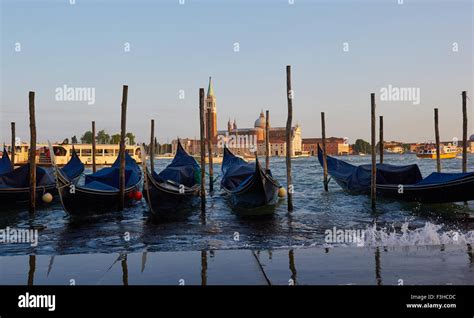 Gondolas Moored On Venetian Waterfront With San Giorgio Maggiore Island
