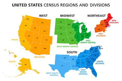 Map Of United States Split Into Census Regions And Divisions Stock