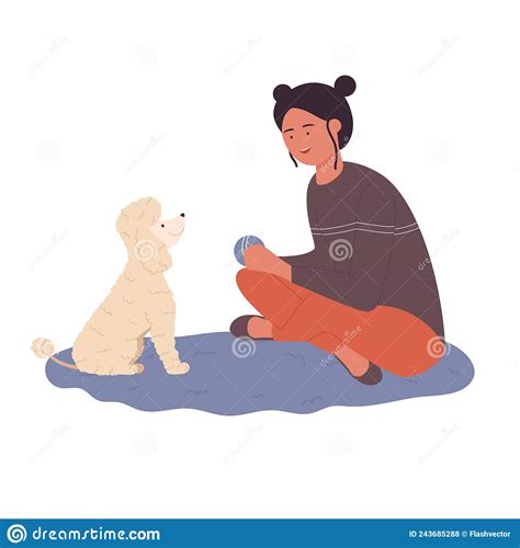 Ragazza Eccitata Che Parla E Gioca Con Il Suo Cucciolo Illustrazione Vettoriale Illustrazione