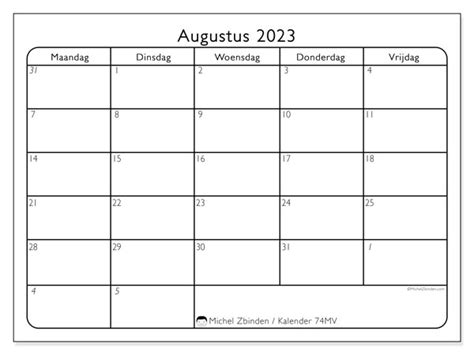 Kalender Augustus 2023 Om Af Te Drukken “74zz” Michel Zbinden Sr