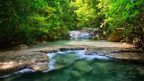 Thailand Tropical Vegetation Green River With Waterfalls And Stepped Wallpaper For Desktop