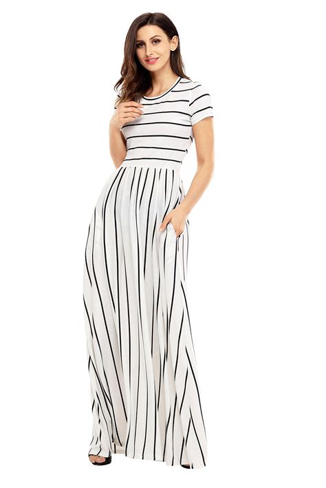 Womens Summer Casual Loose Striped Long Dress Short Sleeve Pocket Maxi