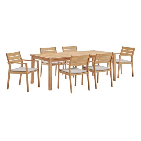 Viewscape 7 Piece Outdoor Patio Ash Wood Dining Set Natural Taupe By Modway