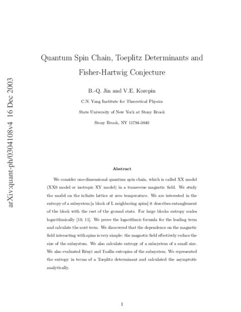 Pdf Quantum Spin Chain Toeplitz Determinants And The Fisherhartwig