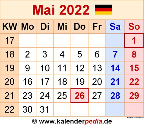 Kalender Mai 2022 Als Excel Vorlagen