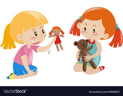Two Girls Playing Doll And Teddy Bear Royalty Free Vector
