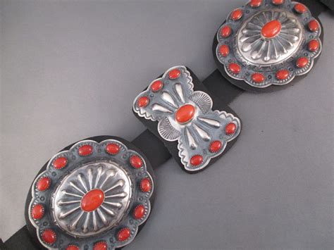 Be6546 Sterling Silver And Coral Concho Belt By Native American Navajo