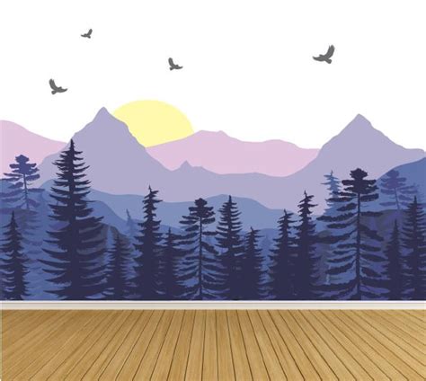 Ombre Mountains Mural Removable Wall Decals Tree Forest Wall Etsy