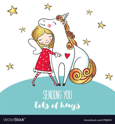 Postcard With Cute Girl Hugging Unicorn Royalty Free Vector