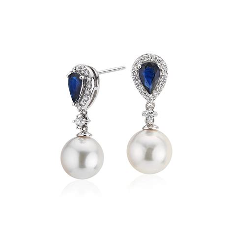 classic akoya cultured pearl drop earrings with sapphire and diamond detail in 14k white gold 8