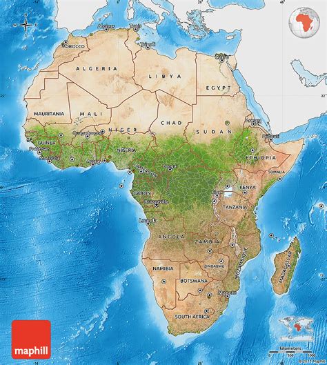 Map of africa showing ocean currents. Satellite Map of Africa, single color outside, shaded relief sea