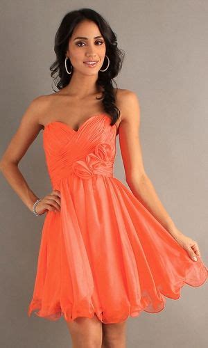 A Line Short Chiffon Coral Bridesmaid Dress Strapless Empire Orange