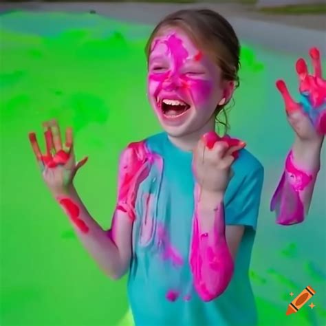 Girl Covered In Neon Slime Enjoying Playful Moment