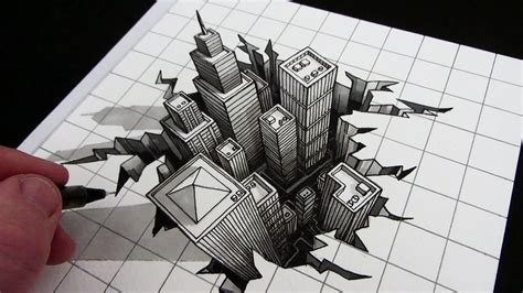 How To Draw A Hole 3d City Illusion Illusion Drawings Optical