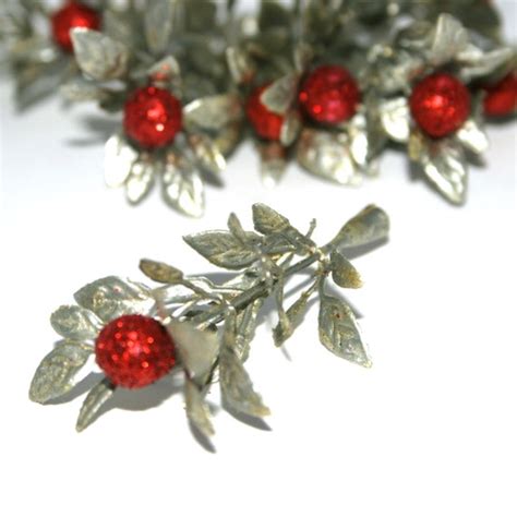 10 Christmas Berry Sprigs Metallic Sage With Red Berry