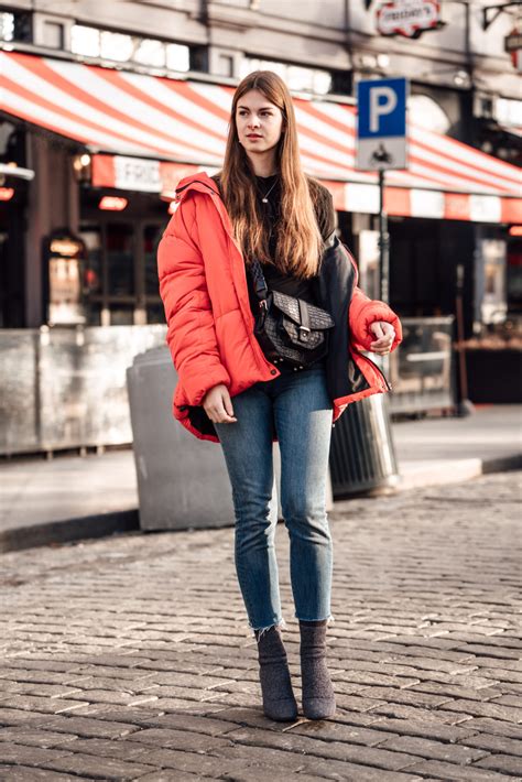 Oslo Runway Outfit: A casual chic way to wear a red puffer jacket