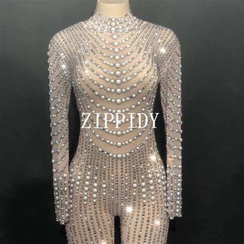 Bright Pearls Crystals Mesh Jumpsuits Sexy Rhinestones Perspective