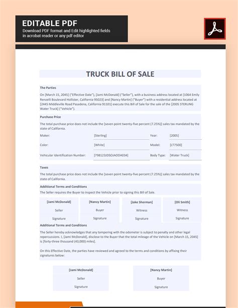 Truck Bill Of Sale Template In Ms Word Portable Documents Gdocslink