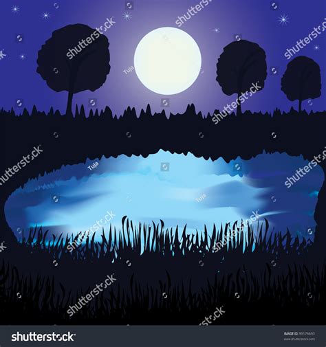 Night Landscape Lake Full Moonreflection On Stock Vector 99176693