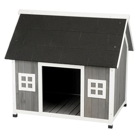 A Gray And White Dog House With A Black Roof