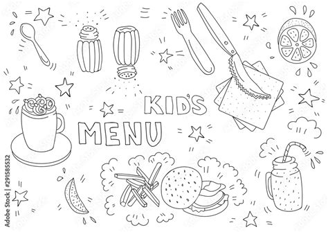 Black And White Illustration For Kids Menu With Burger French Fries