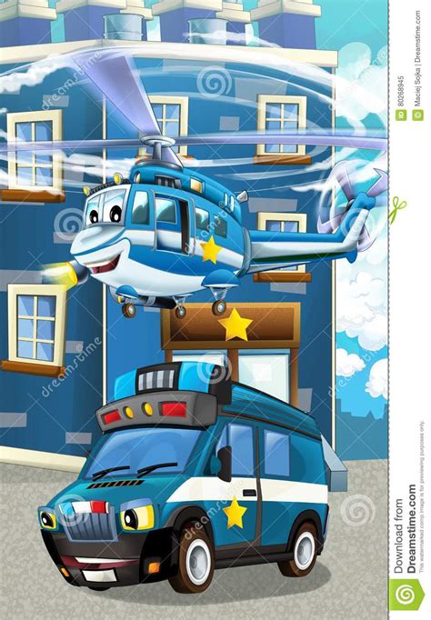 Cartoon Happy And Funny Police Car And Helicopter Stock Illustration