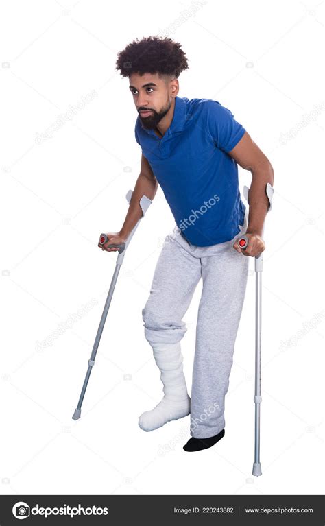 Man Broken Leg Using Crutches White Background Stock Photo By