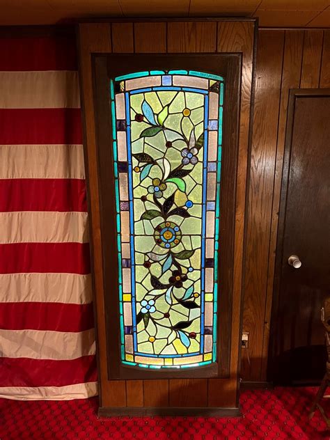 Late 19th Century Antique Arched Stained Glass Window With Flowers And