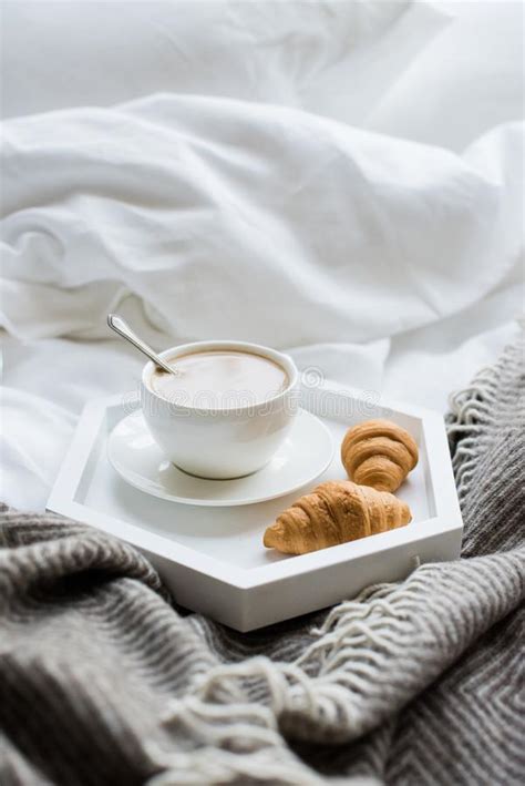Cozy Breakfast In Bed Cup Of Coffee And Croissants On White And Stock