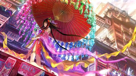 Wallpaper Colorful Fantasy Girl City China Long Hair Anime Girls Artwork Butterfly