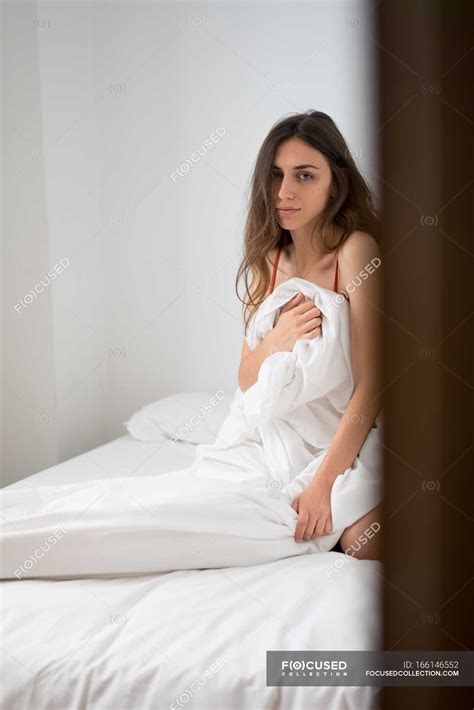 Girl Posing In Bed Under Blanket Underwear Home Stock Photo