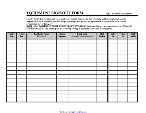 Equipment Sign Out Form Pdfsimpli