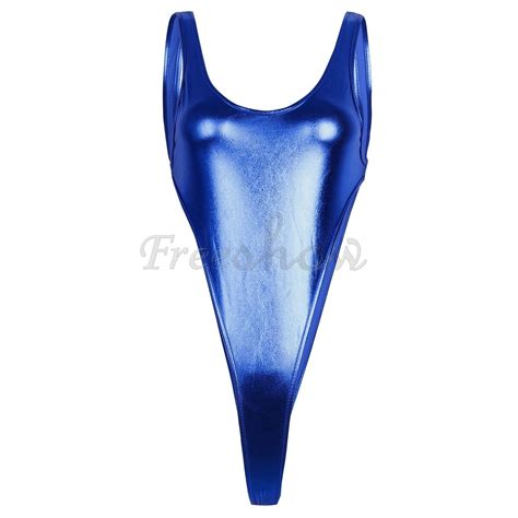 Women Sexy Wetlook Patent Leather Thong Leotard High Cut Swimsuit