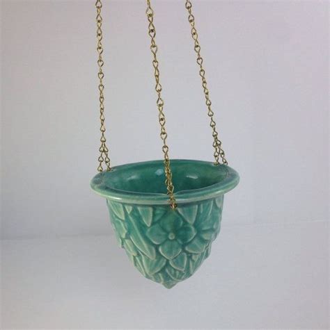 Vintage McCoy Hanging Planter with Metal Chain, Green Ivy Leaf Pot