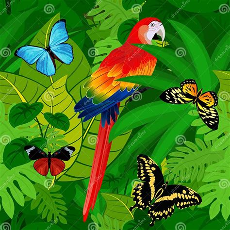 Seamless Vector Tropical Rainforest Jungle Background With Parrot And